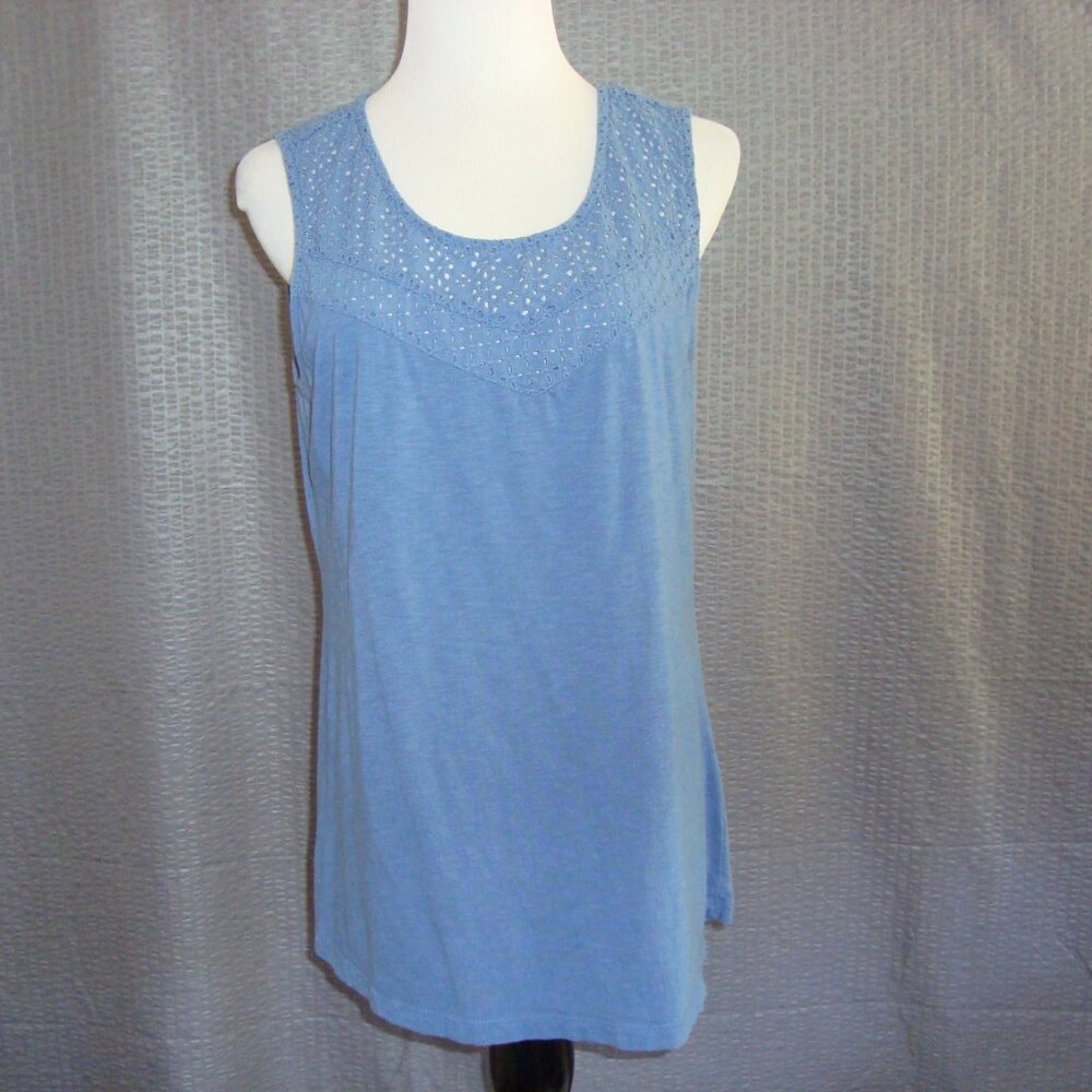 Aventura Women's Sleeveless Blue Top Organic Cotton Eyelet Scoop Neck sz L